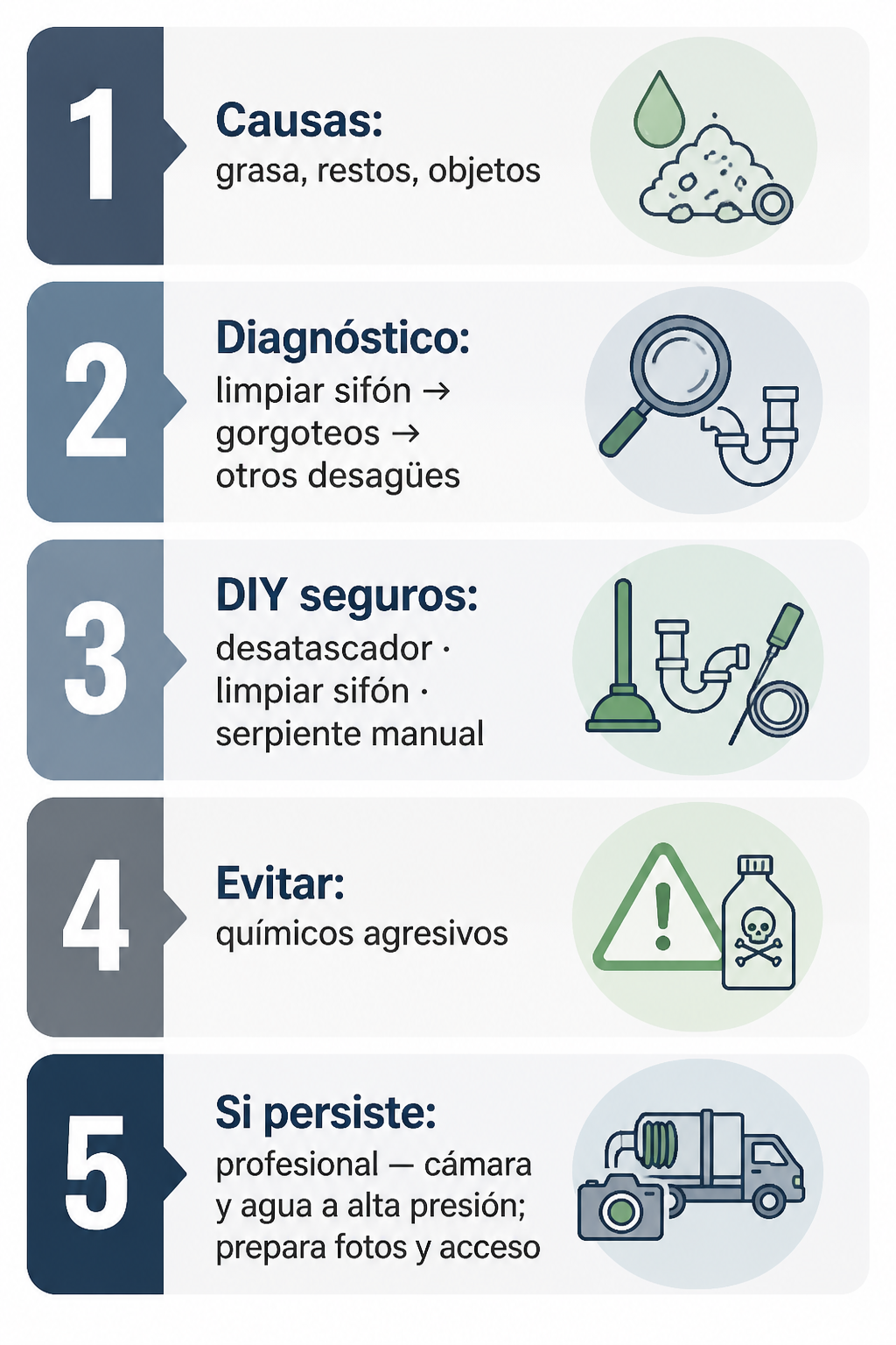 Infografía vertical con 5 bloques que resumen causas del atasco, pasos de diagnóstico, soluciones DIY seguras, advertencia sobre químicos y cuándo contactar a un profesional (inspección con cámara y limpieza con agua a alta presión).